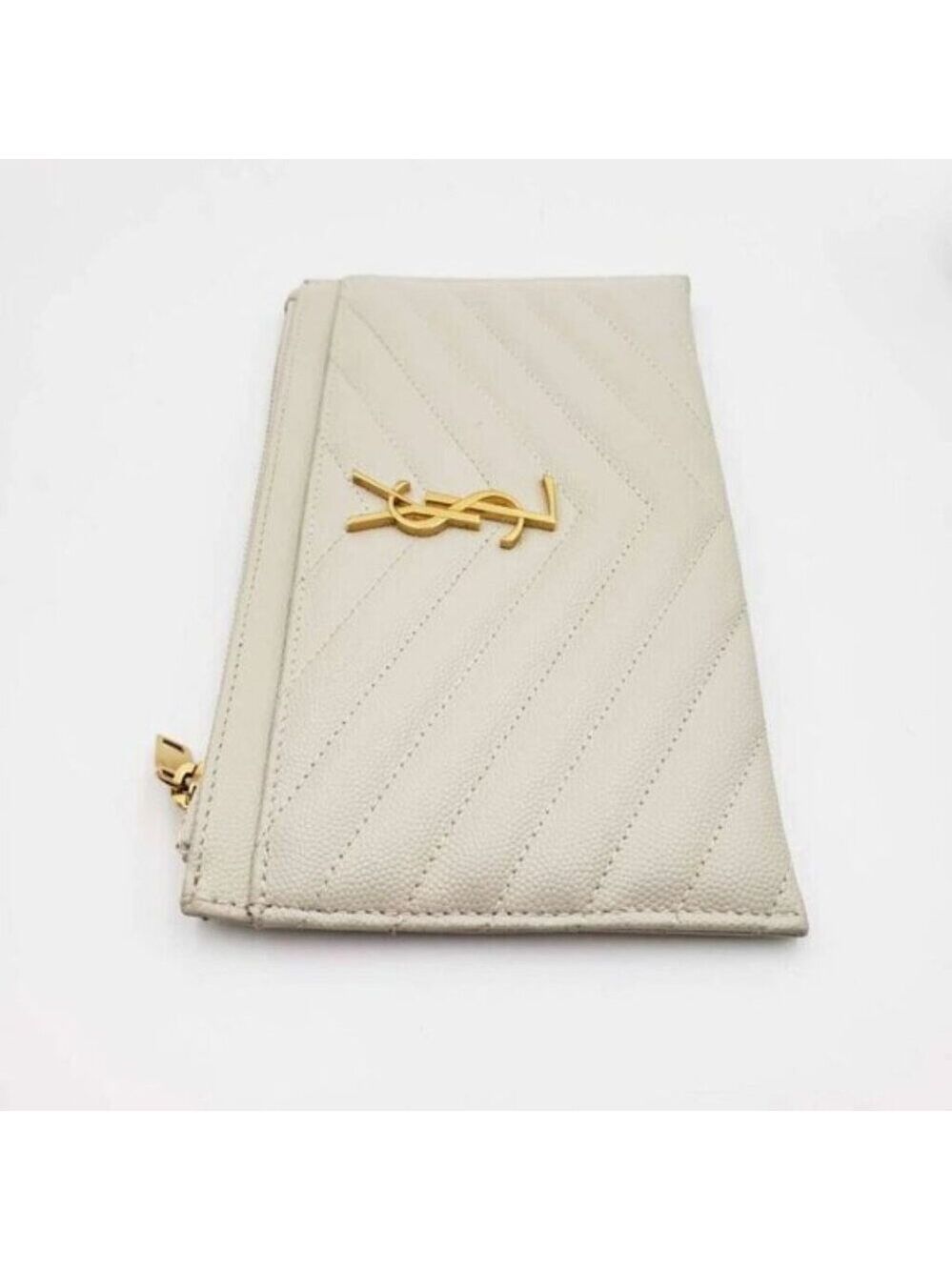 Authentic Saint Laurent YSL Beige Quilted Leather Zip Pouch Clutch Wallet - Picture 4 of 11